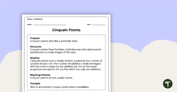 Go to Write a Cinquain Poem Worksheet teaching resource